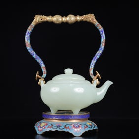 An Exquisite Cloisonne Inlaid White Jade Flower Pattern Tripod Ewer,with Base