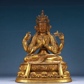 A Solemn Gilt Bronze Four-arms Statue of Avalokitesvara
