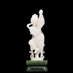 An Exquisite White Jade  Lute Pattern Statue of Avalokitesvara, With Jasper Base