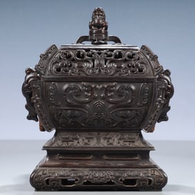 An Exquisite Zitanwood Beast-Face and Chi-Dragon Pattern Elephant-Ears Censer