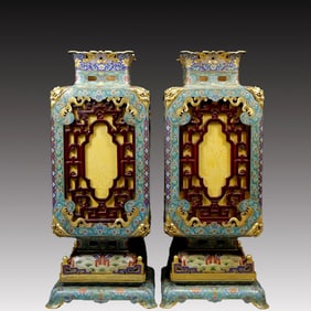 A Pair of Huge Cloisonne Square Palace Lantern