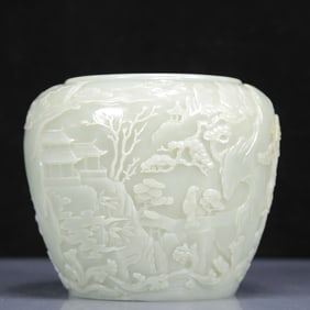 An Exquisite White Jade Landscape and Figure Pattern Jar