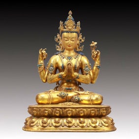 A Solemn Gilt Bronze Inlaid Gems Four-arms Statue of Avalokitesvara