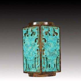 An Exquisite Greenish Jade Inlaid Turquoise Figure Pattern Cong