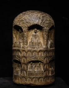 A Solemn Limestone Craved Buddha Pillar