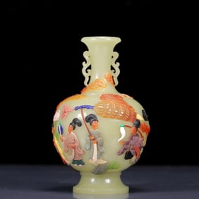 An Exquisite Greenish Jade Inlaid Gems Character and Story Pattern Vase