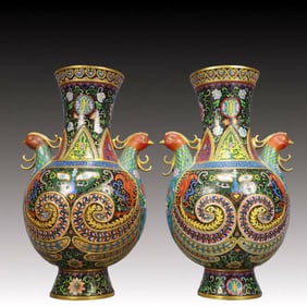 A Pair of Huge Cloisonne Beast-Face Pattern Phoenix-Ears Vase