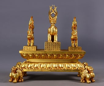 A Set of Fine Gilt Bronze Dragon Pattern Seals,With Poem,With Base