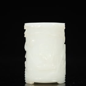 An Exquisite White Jade Landscape and Figure Pattern Tripod Brush Pot