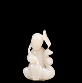 An Exquisite White Jade Goose and Figure  Ornament