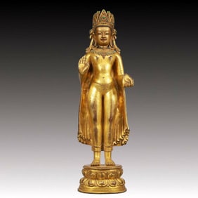 A Solemn Gilt Bronze Statue of Avalokitesvara, Inlaid Gems, With Inscription