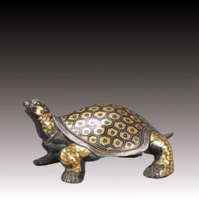 A Rare Bronze Inlaid Gold and Silver Turtle Ornament