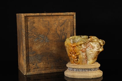 An Exquisite Tianhuang Stone Auspicious Cloud and Chi-Dragon Pattern Brush Washer,With Poem