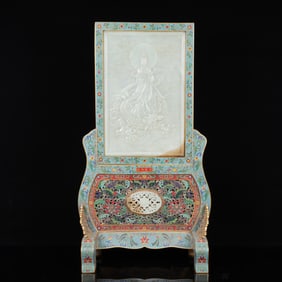An Exquisite Cloisonne Inlaid White Jade Figure Pattern Table Screen,with poem