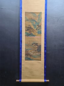 A Chinese Vertical Scroll Ink Painting of Landscape and Figure on Silk,Gu Kaizhi