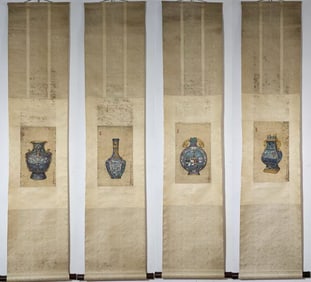 A Set of Chinese Vertical Scroll Ink Painting of Porcelain Vase on Silk,Fu Ru