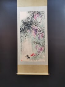 A Chinese Vertical Scroll Ink Painting of Flower and Fish on Paper,Wang Xuetao