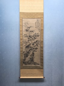 A Chinese Vertical Scroll Ink Painting of Bamboo and Chrysanthemum on Paper,Shi Tao