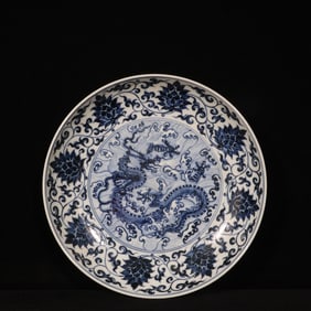 An Exquisite Blue and White Lotus,Seawater and Dragon Pattern Plate