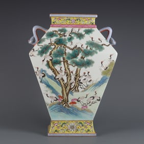 A Rare Famille-Rose Pine and Crane Pattern Ruyi-Ears Vase