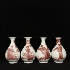 A Set of Fine Blue and White Underglaze-Red Figure Pattern Vases,With Poem