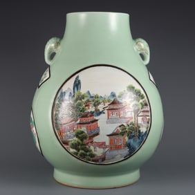 A Huge Celadon Glazed Famille-Rose Painted Gold Landscape and Figure Pattern Elephant-Ears Vase