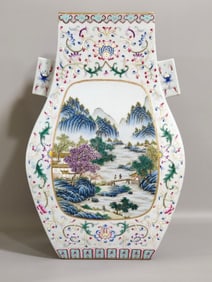 A Rare White Ground Famille-Rose Painted Gold Lotus,Landscape and Figure Pattern Double-Ears Vase
