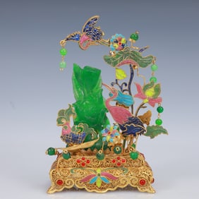 An Exquisite Filigree and Gilding Inlaid Jadeite Lotus Ornament,Inlaid Gems