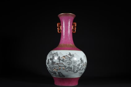 A Rare Ruby Red-Glazed Ink Color Painted Gold Landscape and Figure Pattern Double-Ears Vase