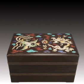 A Rare Zitanwood Dragon and Phoenix Pattern Box,Inlaid Gems,Qing Dynasty, China