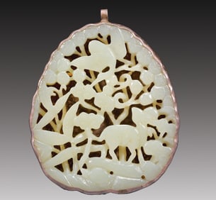An Excellent White Jade Silver-Mounted 'Deer& Crane' Pendant