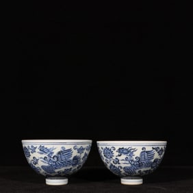 A Pair of Exquisite Blue and White Lotus and Phoenix Pattern Cups