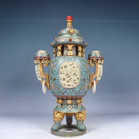 A Huge Cloisonne Inlaid White Jade Flower and Bird Pattern Double-Ears and Tripod Censer,Inlaid Gems