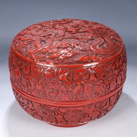 An Exquisite Carved Red Lacquer Flower,Seawater and Dragon Pattern Cover Box