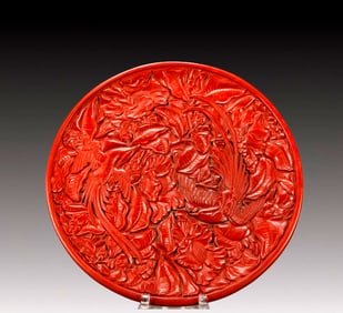 A Rare Carved Red Lacquer Flower and Bird Pattern Plate