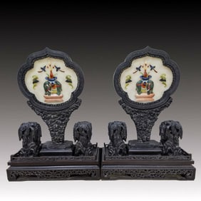 A Pair of Huge Zitanwood Inlaid White Jade Elephant,Bats and Peach Pattern Table Screens, Inlaid