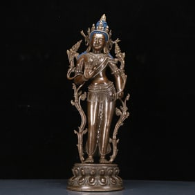 A Solemn Alloy Copper Inlaid Silver Statue of Tara,With Inscription