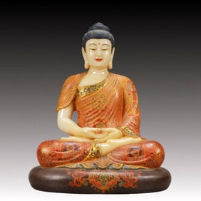 A Solemn Marble Painted Color Statue of Sakyamuni
