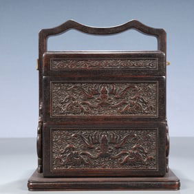 An Exquisite Zitanwood Auspicious Cloud and Dragon Pattern Tiered box