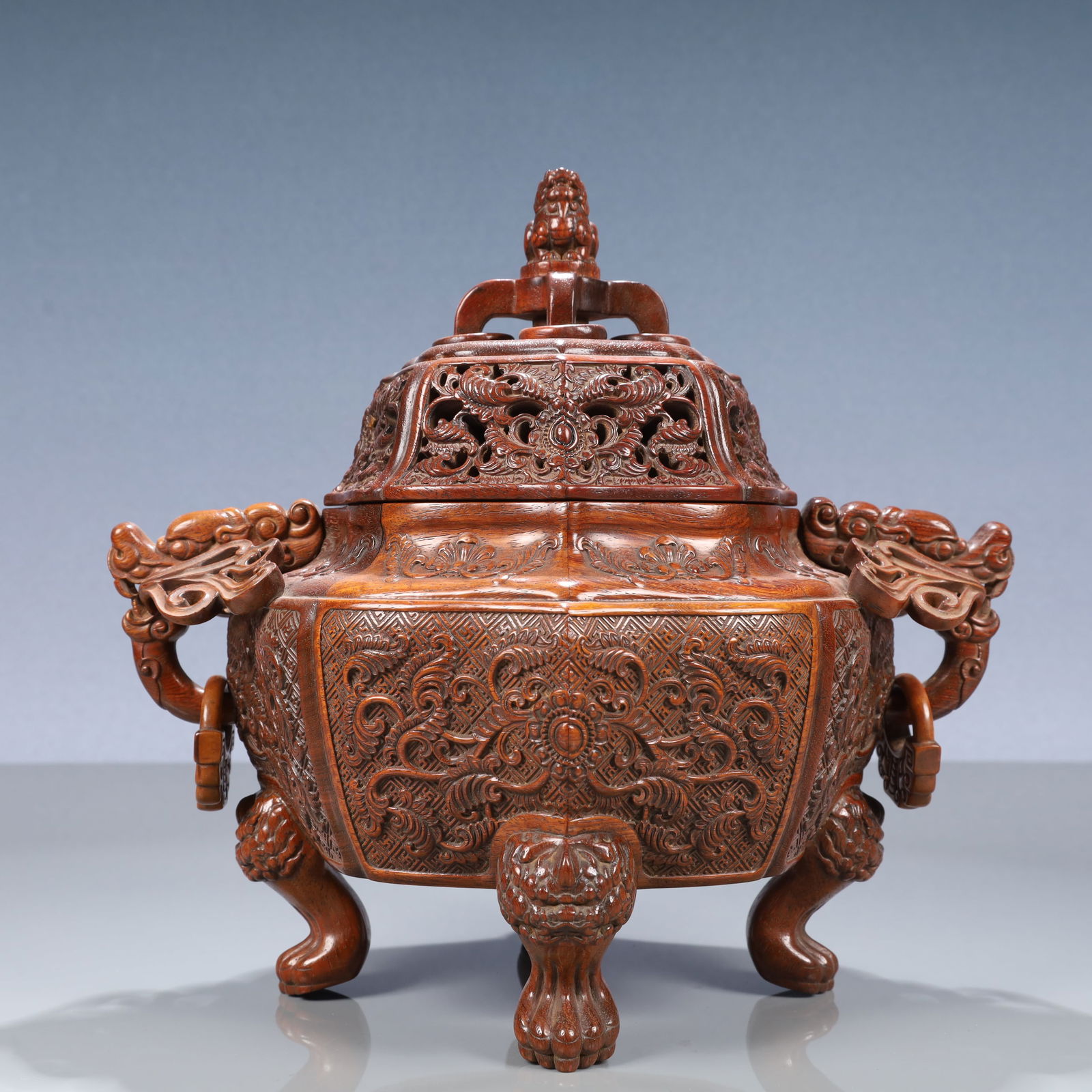 An Exquisite Huanghuali wood Flower Pattern Dragon-Ears Four Legs Censer (1 of 10)