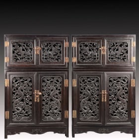 A Pair of Rare Zitanwood Dragon and Phoenix Pattern Cabinets