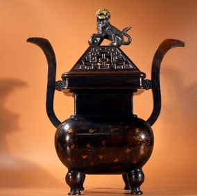 A Rare Bronze Sprinkled-Gold Double-Ears Four Legs Censer,With Lion Cover