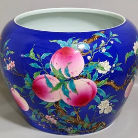 A Rare Blue Glazed Famille-Rose Bats and Peach Pattern Vat