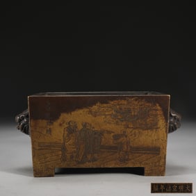 An Exquisite Bronze Figure and Dragon Pattern Lion-Ears Censer,With Poem