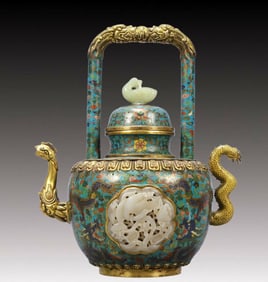 A Rare Cloisonne Inlaid White Jade Auspicious Cloud and Dragon Pattern Ewer