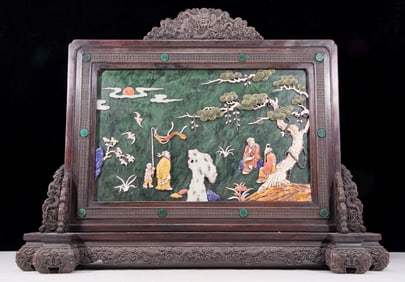 An exquisite zitanwood inlaid with jasper, gold inlaid with gems, landscape and figures pattern