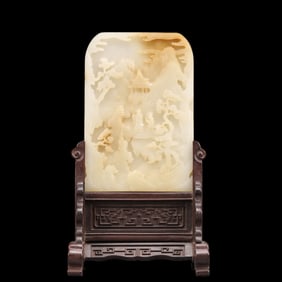 An Exquisite Greenish Jade Figure Pattern Table Screen