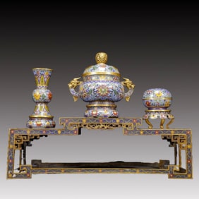 A Set of Rare Cloisonne Lotus Pattern Censer,Vase and Box