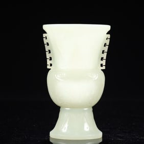 An Exquisite Greenish Jade Beast-Face Pattern Double-Ears Vase