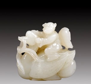 An Exquisite White Jade Figure and Goose Ornament